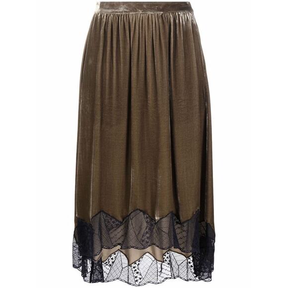 Zadig & Voltaire Joslin Velvet Midi Skirt Brown Green High Low Lace Trim Sz 36/S - Picture 6 of 16